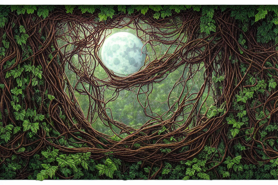 Moon viewed through intertwined branches and lush green leaves in dense forest.
