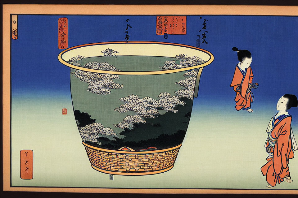 Traditional Japanese woodblock print featuring two women near ornate bowl & flowering tree design on solid background
