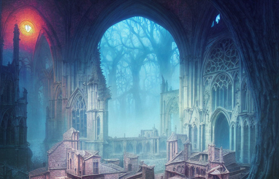 Gothic cathedral with archways in foggy forest under red moon