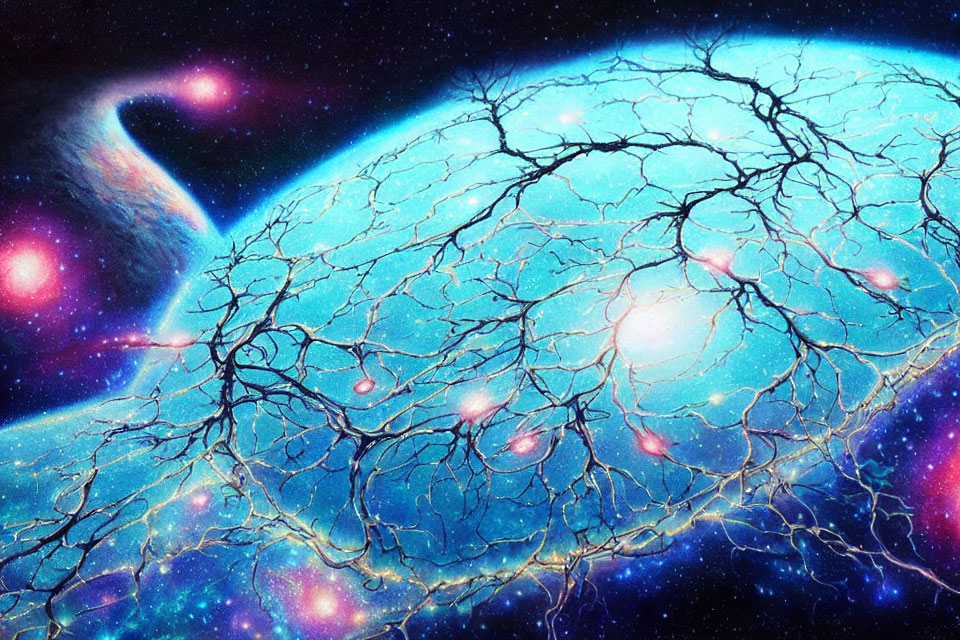 Cosmic-themed illustration of blue vein-like network amid stars & galaxies