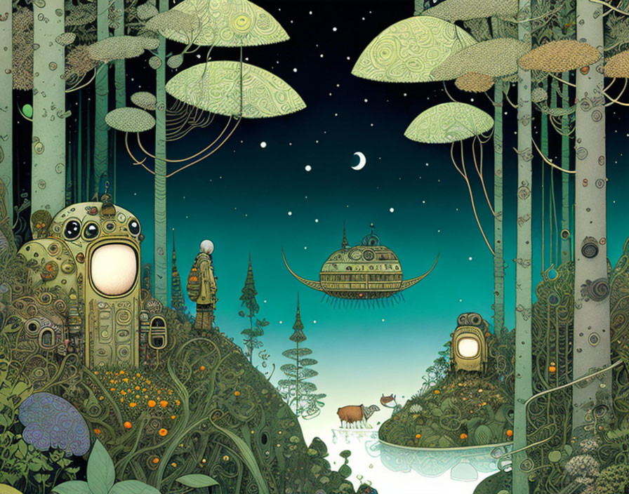 Enchanting forest scene with luminescent mushrooms, robot, deer, floating city, and cres
