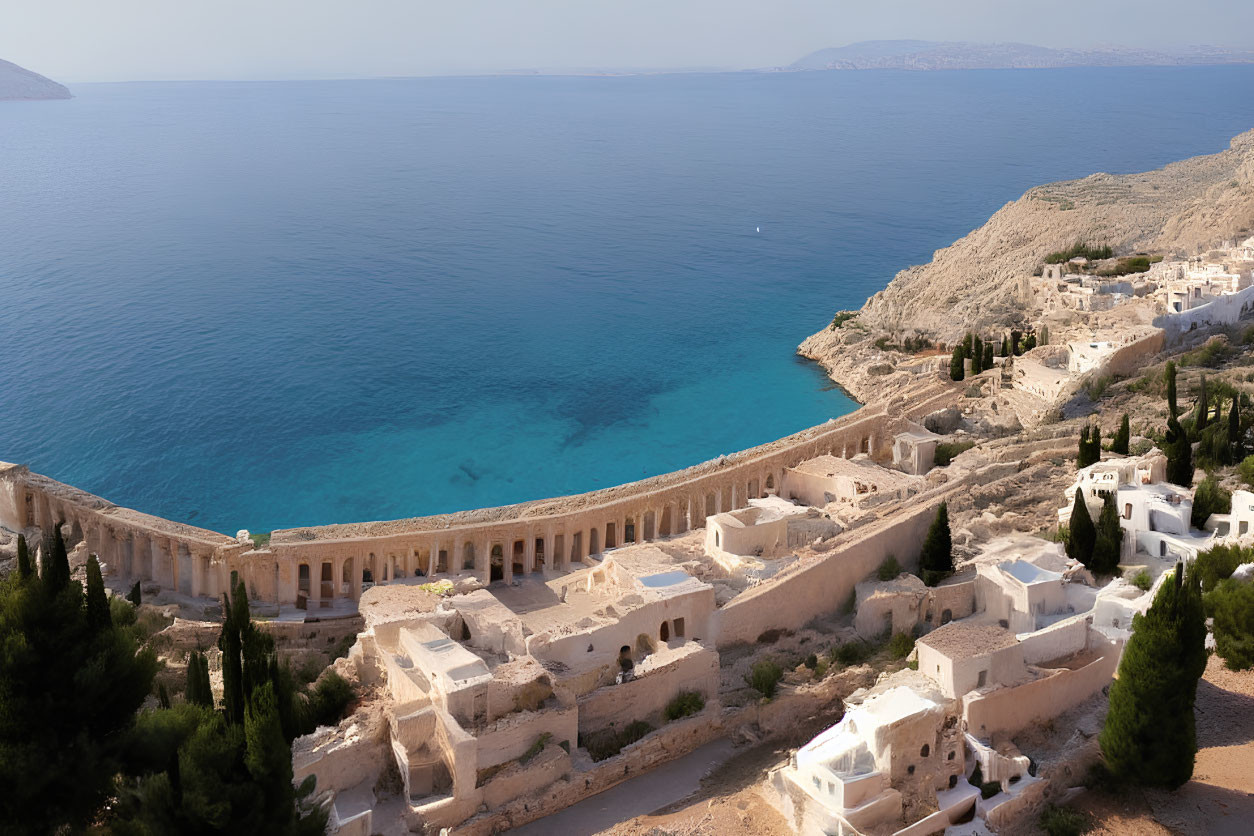 Semicircular ruins and white buildings by serene blue sea