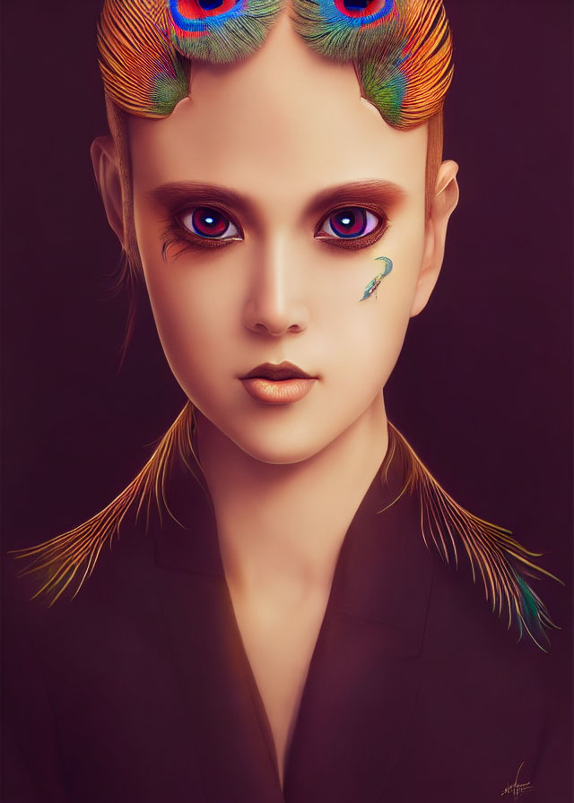 Digital portrait featuring person with purple eyes, peacock hair, and dark background