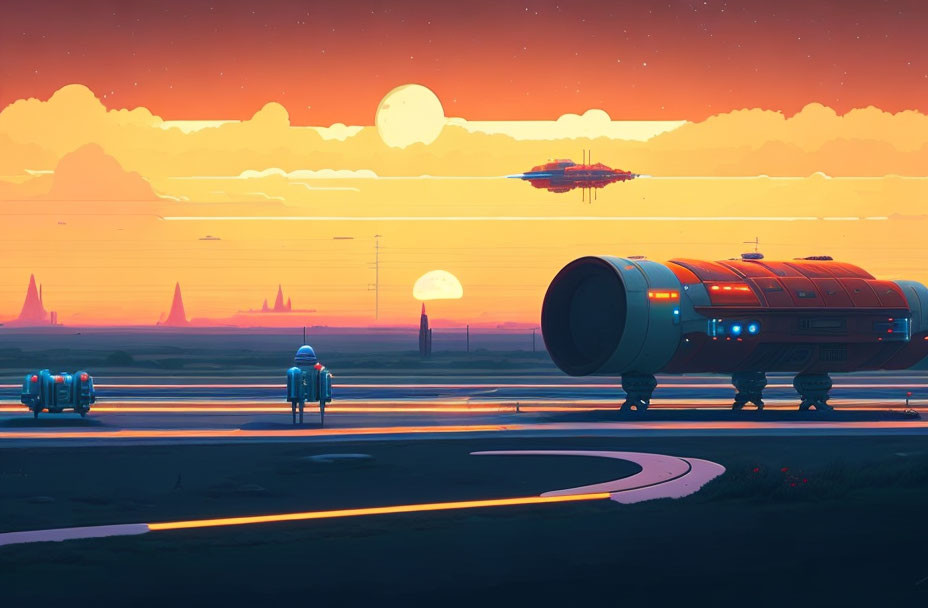 Futuristic sunset landscape with glowing city, flying vehicles, and large moons
