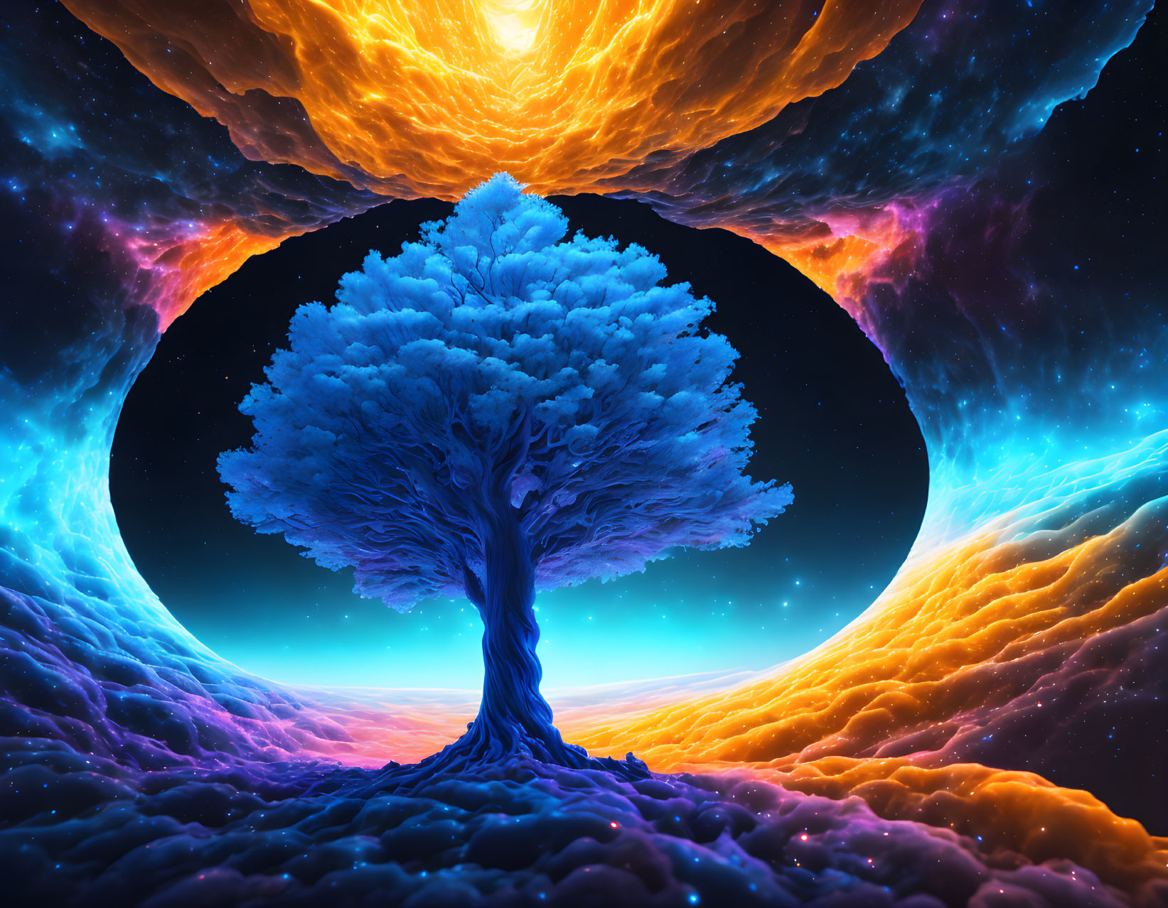Surreal image of vibrant tree with blue foliage amid swirling orange and yellow clouds against starry sky
