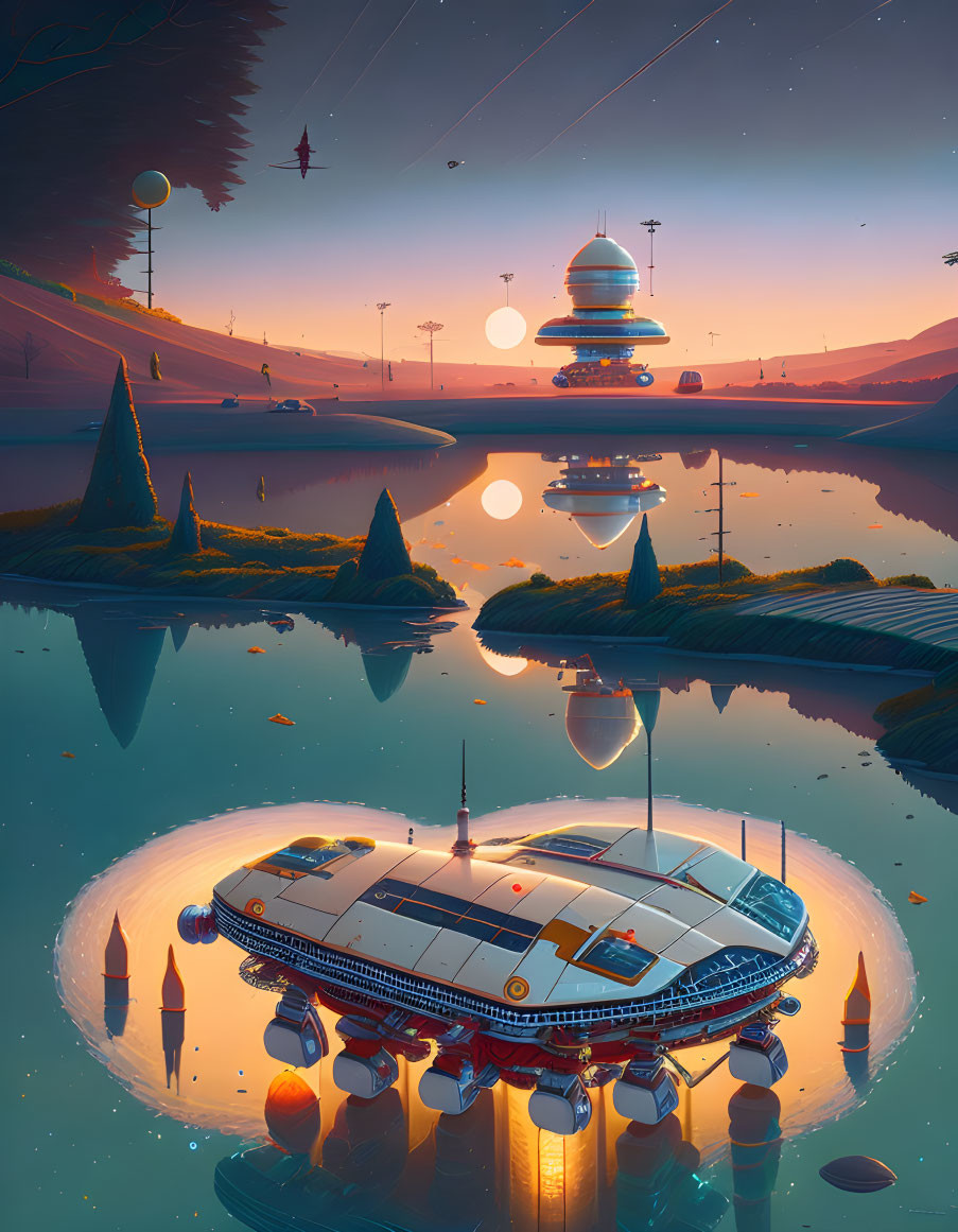 Futuristic landscape with orange sky, lake, mountains, trees, spacecraft, and planets.
