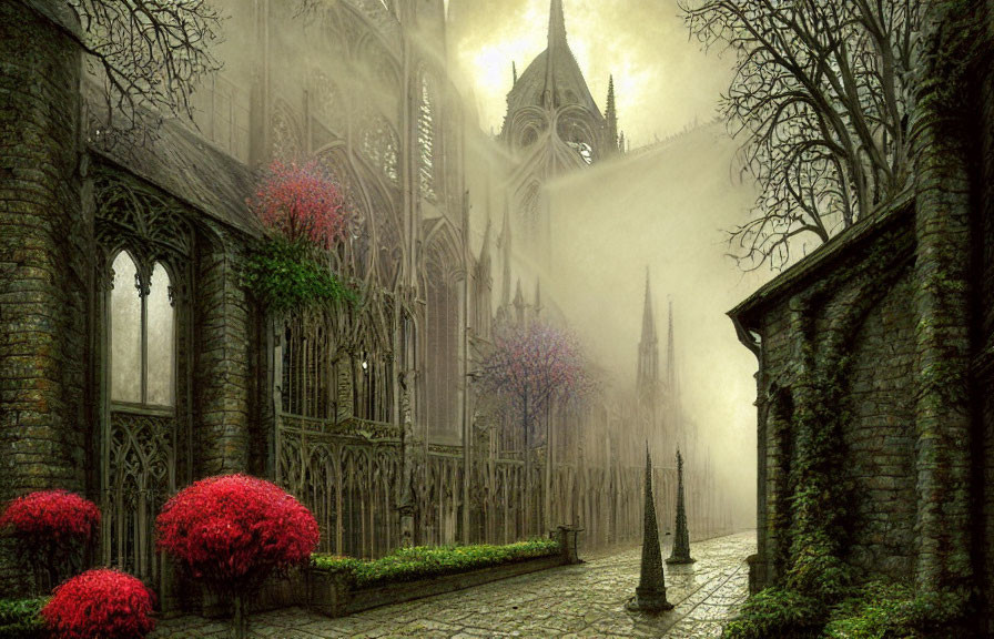 Gothic Cathedral in Mist with Flowering Trees and Cobblestone Path