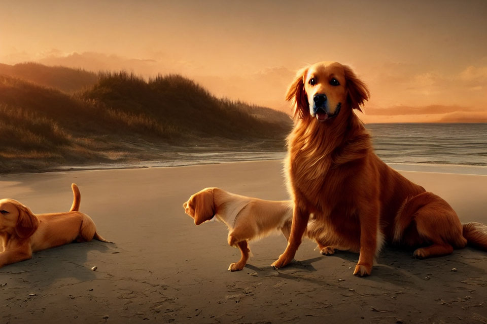 Golden retriever and two puppies on beach at sunset