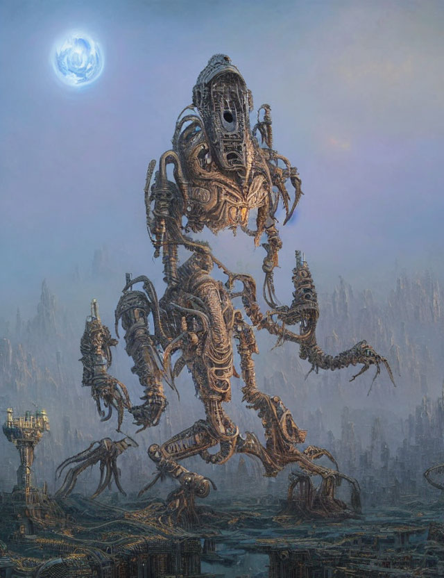 Gigantic biomechanical creature in dystopian landscape under small moon