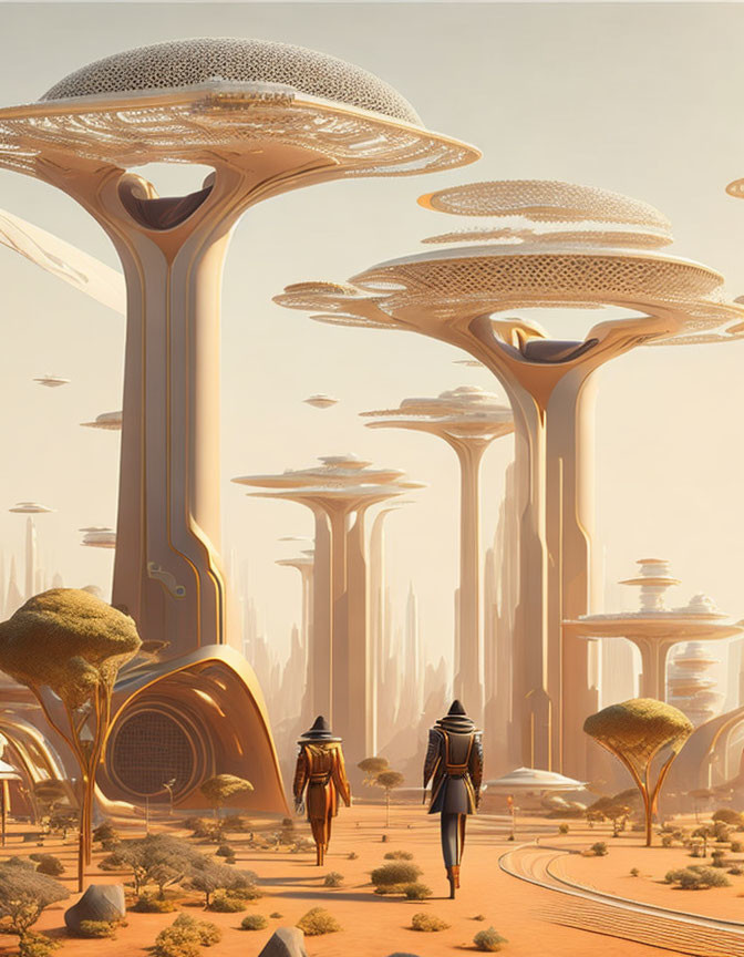 Futuristic desert landscape with towering mushroom-shaped structures