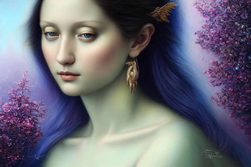 Digital painting of woman with blue hair, pale skin, surrounded by lilac flowers, butterfly and cic