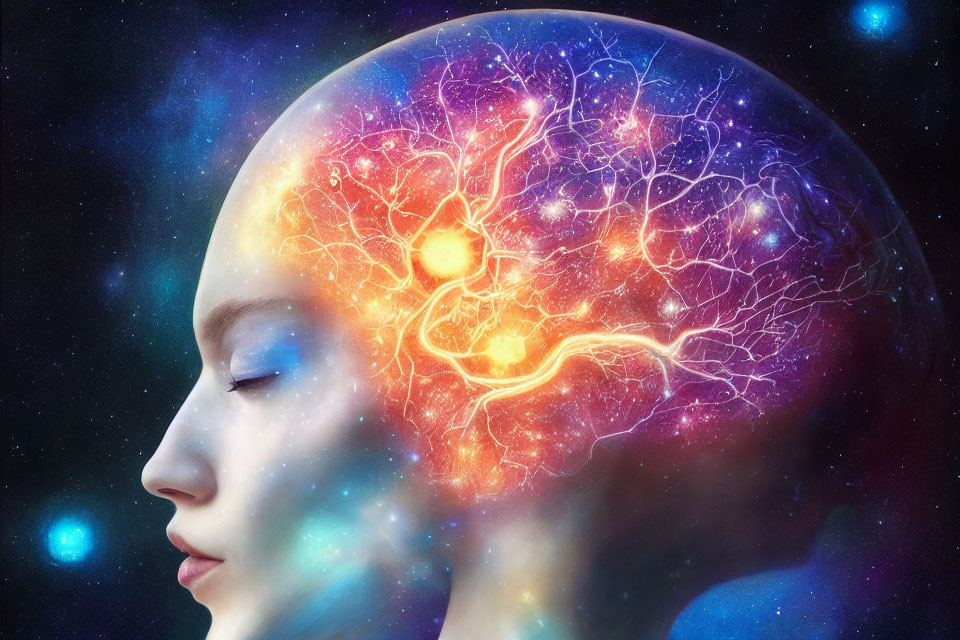 Profile of woman with transparent head displaying intricate brain network on cosmic background