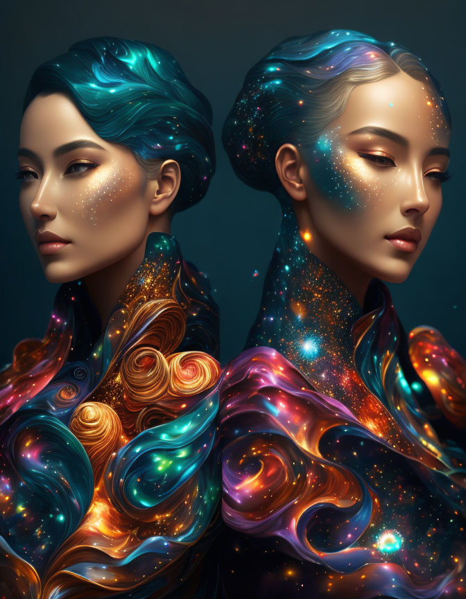 Cosmic-themed body art and galaxy-inspired hair on two women in blues, golds, and pur