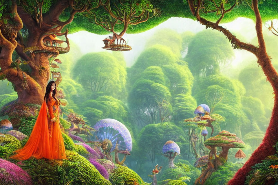 Woman in Orange Dress in Fantasy Forest with Oversized Mushrooms and Treehouses