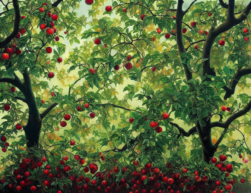 Ripe red apples on lush apple trees in a serene orchard