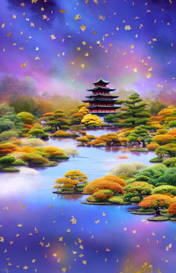 Autumn Pagoda Reflection in Serene Lake Amid Colorful Foliage