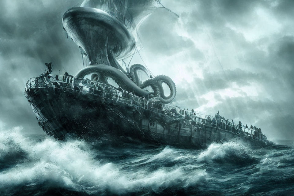 Stormy Seas: Sailing Ship Attacked by Giant Octopus