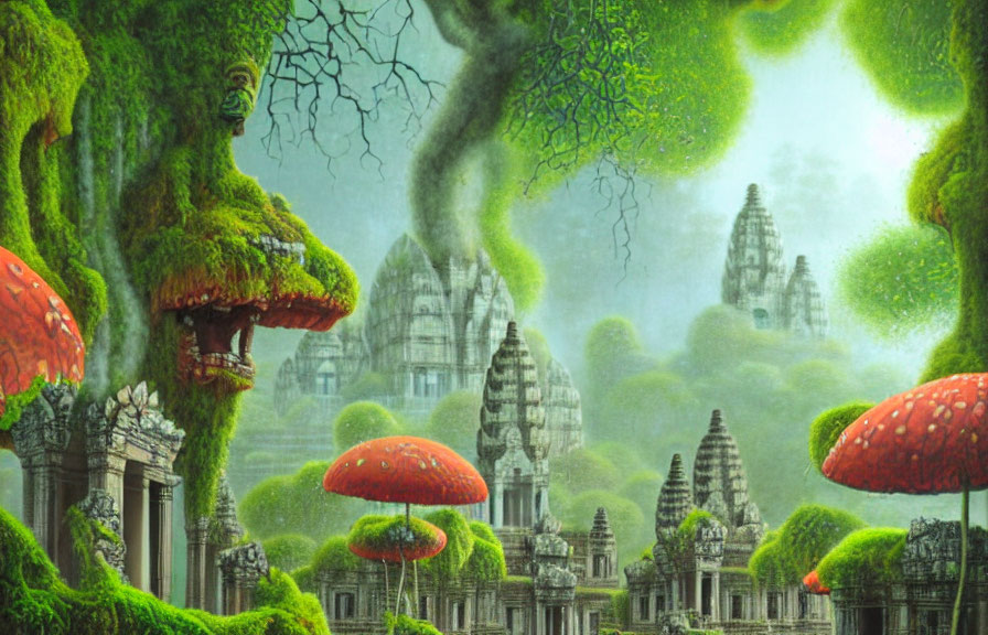 Vibrant red-capped mushrooms in misty fantasy landscape