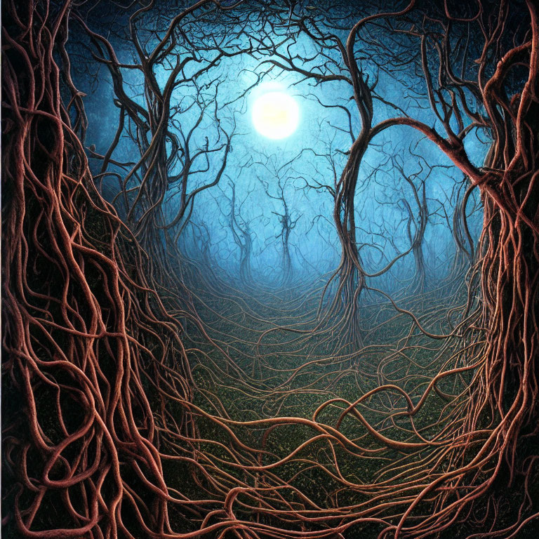 Moonlit forest with intertwining tree branches under night sky
