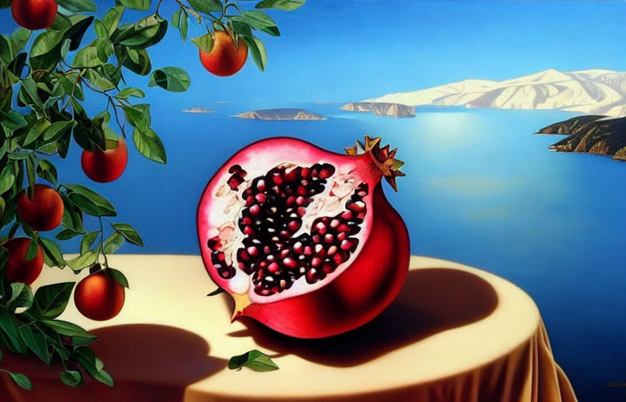 Vibrant painting of open pomegranate on table with serene lake and mountains in background