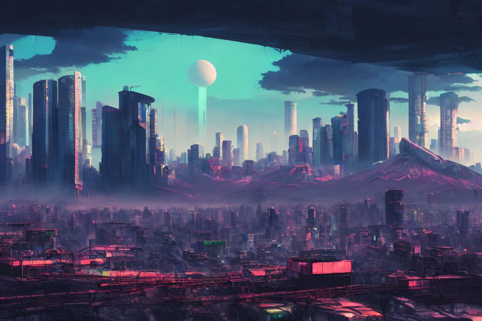 Futuristic cityscape with skyscrapers, misty atmosphere, mountains, twilight sky, and