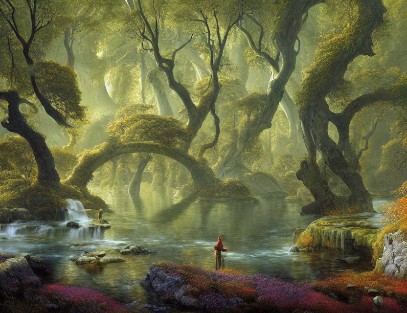 Tranquil forest scene with twisted trees, pond, sunlight, and figure among vibrant flora