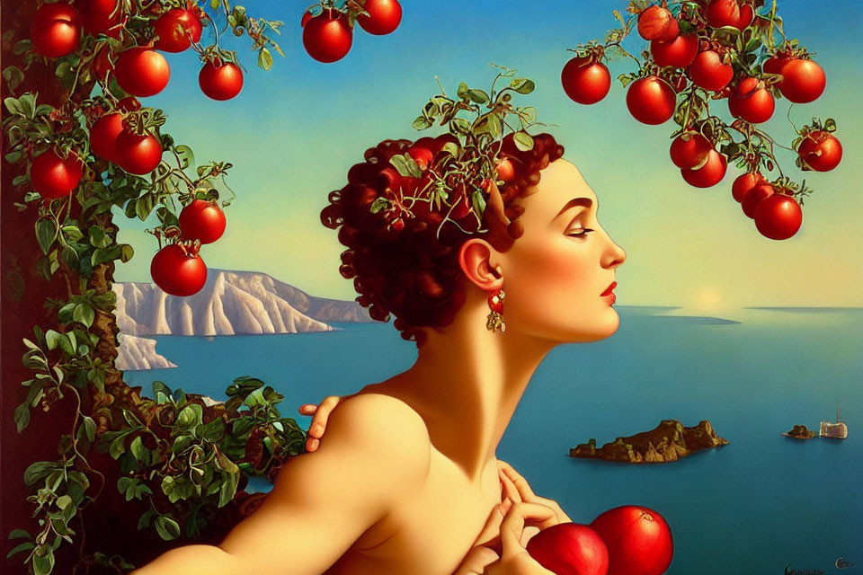 Surreal painting: woman with tomato vines as hair by serene sea