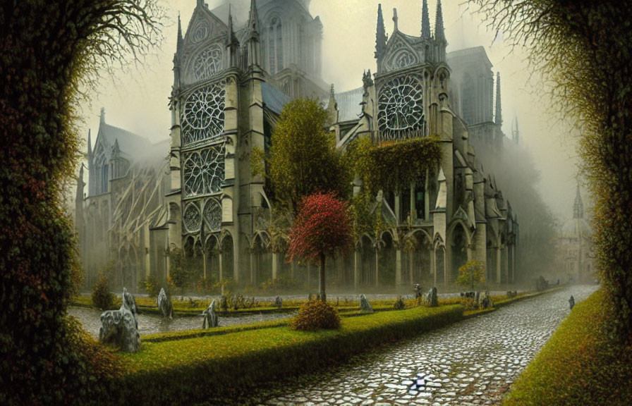 Gothic cathedral in foggy graveyard with autumn trees