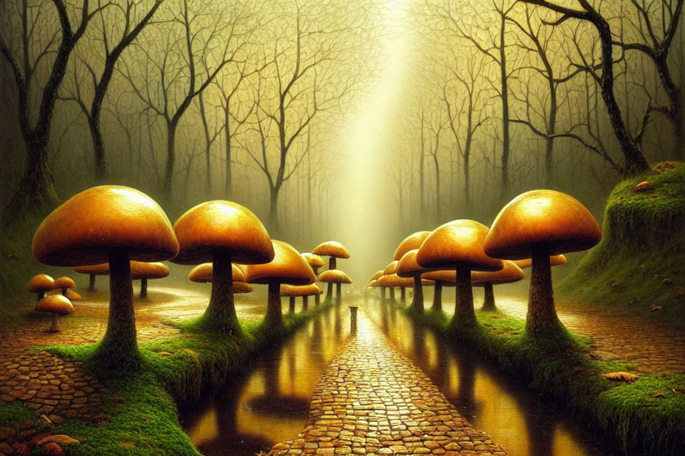 Fantasy landscape with oversized mushrooms and cobblestone pathway in misty forest