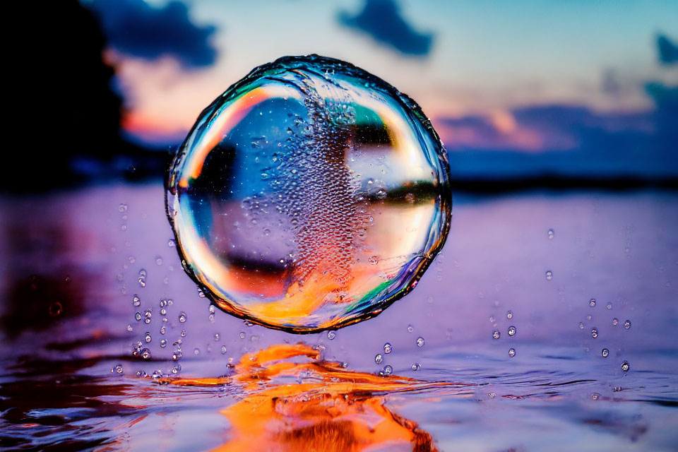 Shimmering soap bubble reflecting vibrant sunset over water