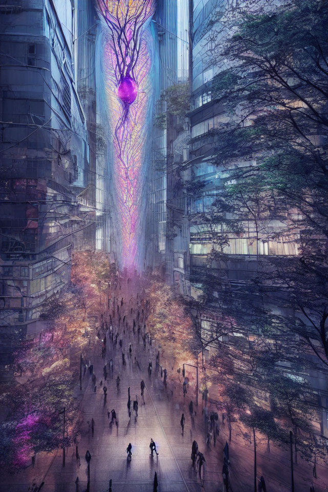 Neon-lit futuristic city street with vibrant tree structure