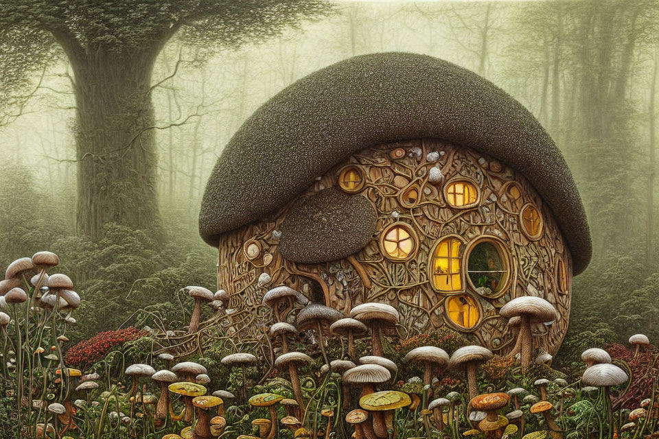 Mushroom-shaped house in enchanted forest with glowing windows