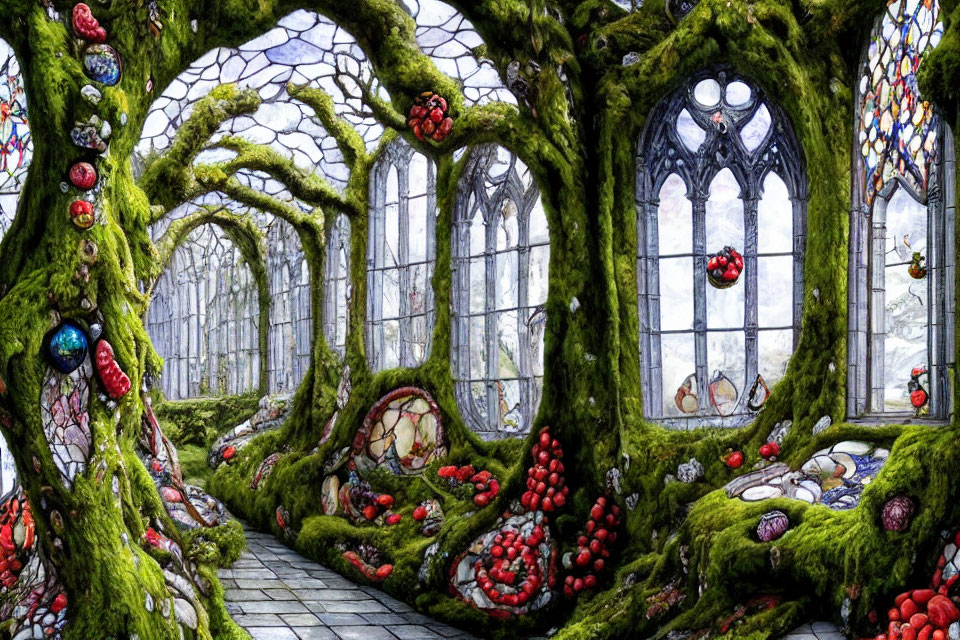 Illustration of whimsical tree-filled room with stained-glass windows