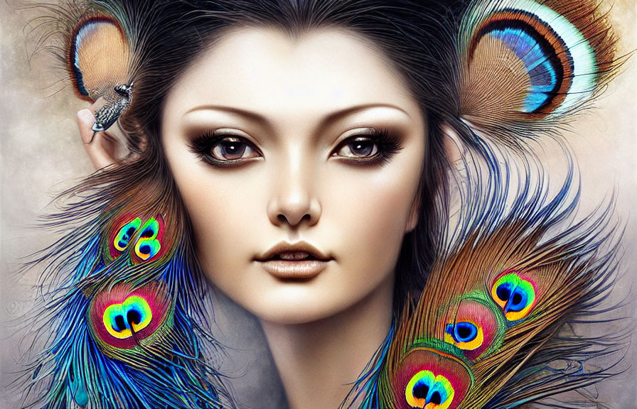 Vibrant digital art: woman with large eyes and peacock feather earrings