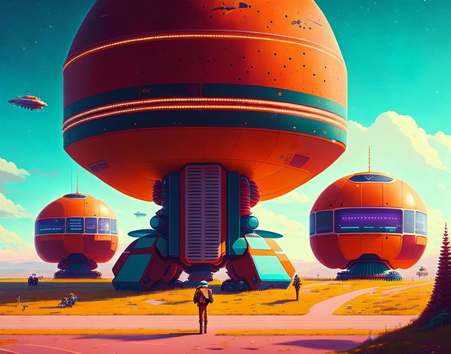 Futuristic landscape with spherical structures in orange sky