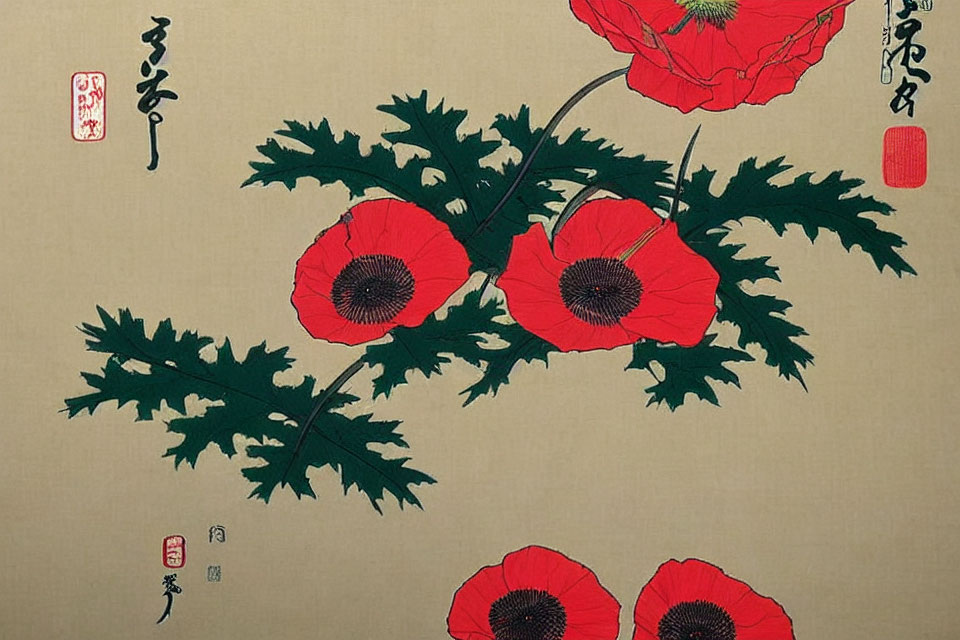 Asian Art: Red Poppies, Black Centers, Green Leaves on Beige Background