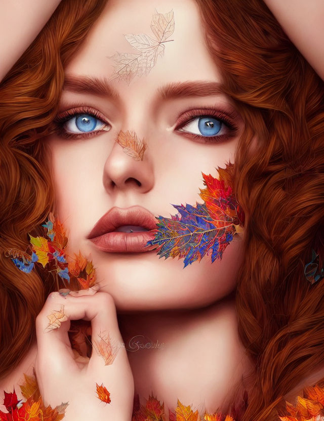 Digital artwork: Woman with vibrant red hair, blue eyes, adorned with autumn leaves.