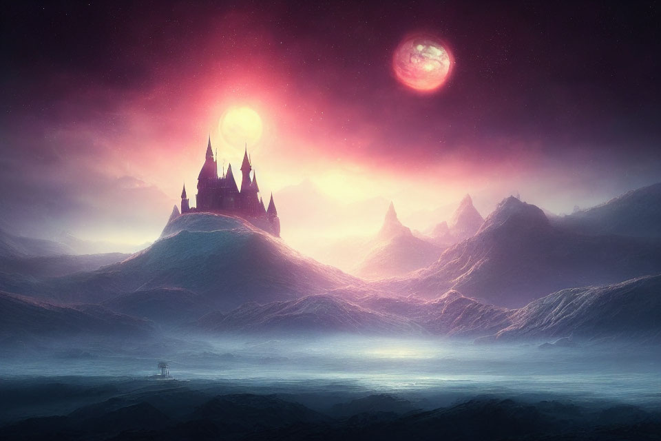 Fantasy castle on snowy mountain under starry sky with red moon and misty peaks