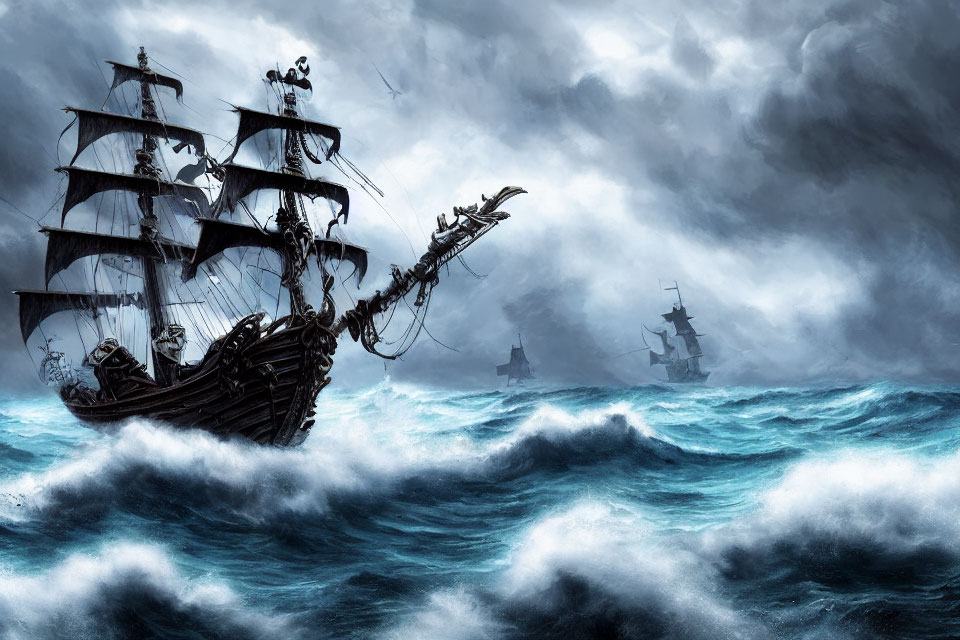 Sailing ship navigating stormy seas with distant ships
