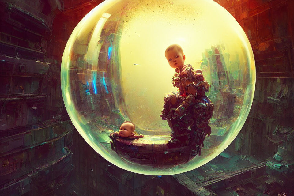 Futuristic child in protective bubble with baby and machinery glow