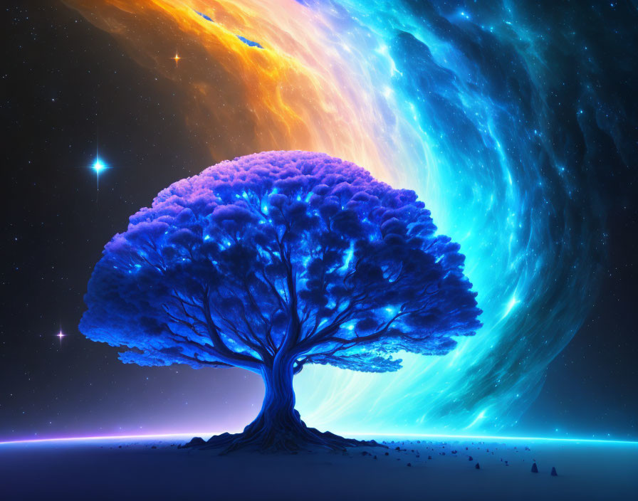 Colorful lone tree under swirling cosmic sky with blue and orange nebulae.