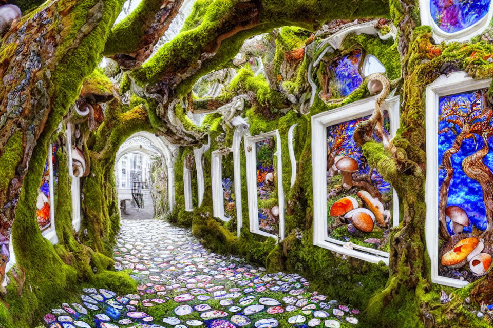 Colorful Psychedelic Imagery in Vibrant Moss-Covered Corridor