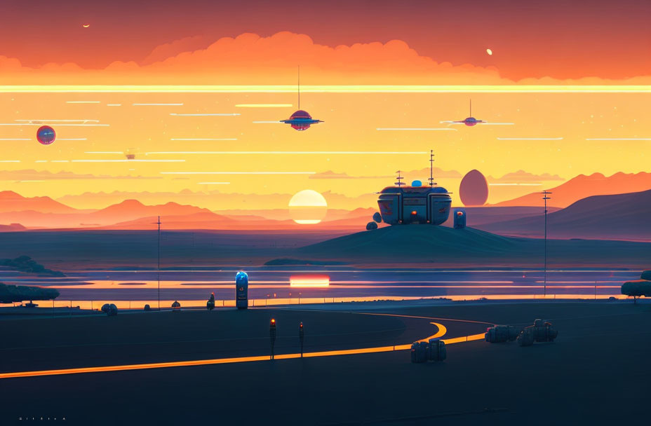Futuristic sunset landscape with large vehicle, water reflection, mountains, flying saucers, and