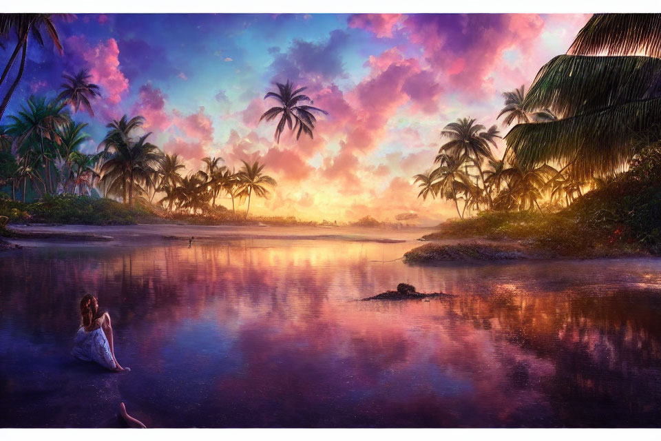 Woman in White Sitting by Tranquil River at Sunset with Palm Trees and Colorful Sky