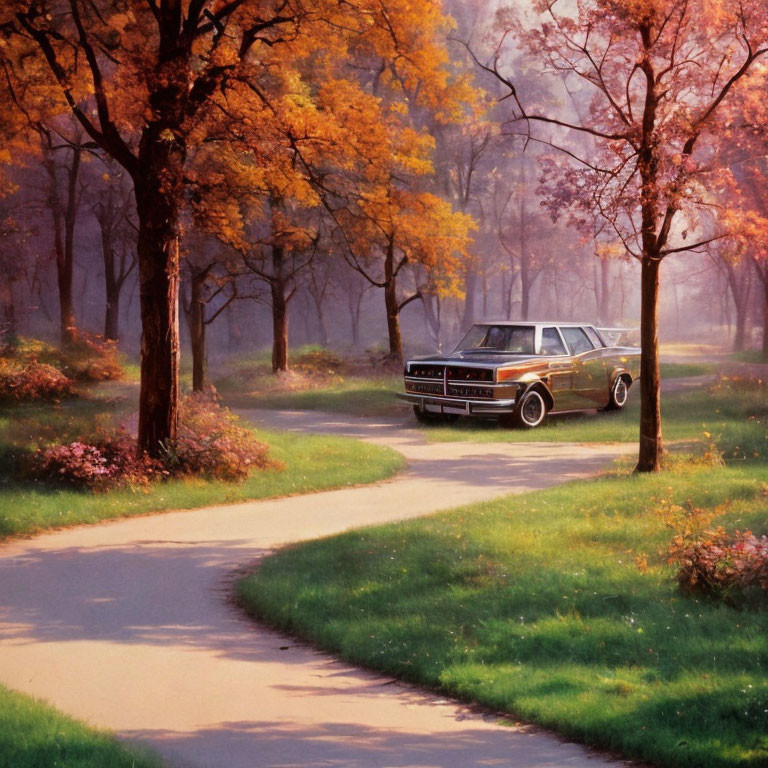 Vintage Car Parked on Winding Path in Tranquil Autumn Forest