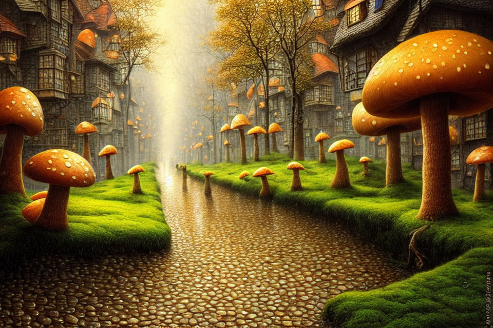 Fantasy cobblestone path with oversized mushrooms and misty buildings.