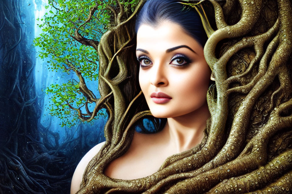 Woman with intricate tree branches and leaves in mystical forest setting