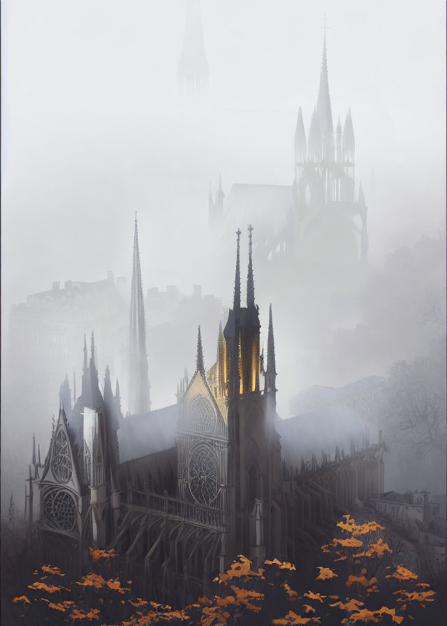 Misty autumn scene with Gothic cathedral spires and leaves