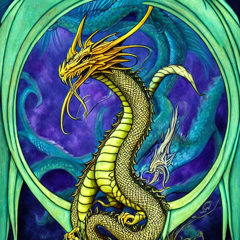 Golden dragon illustration with Celtic border on swirling blue and purple backdrop