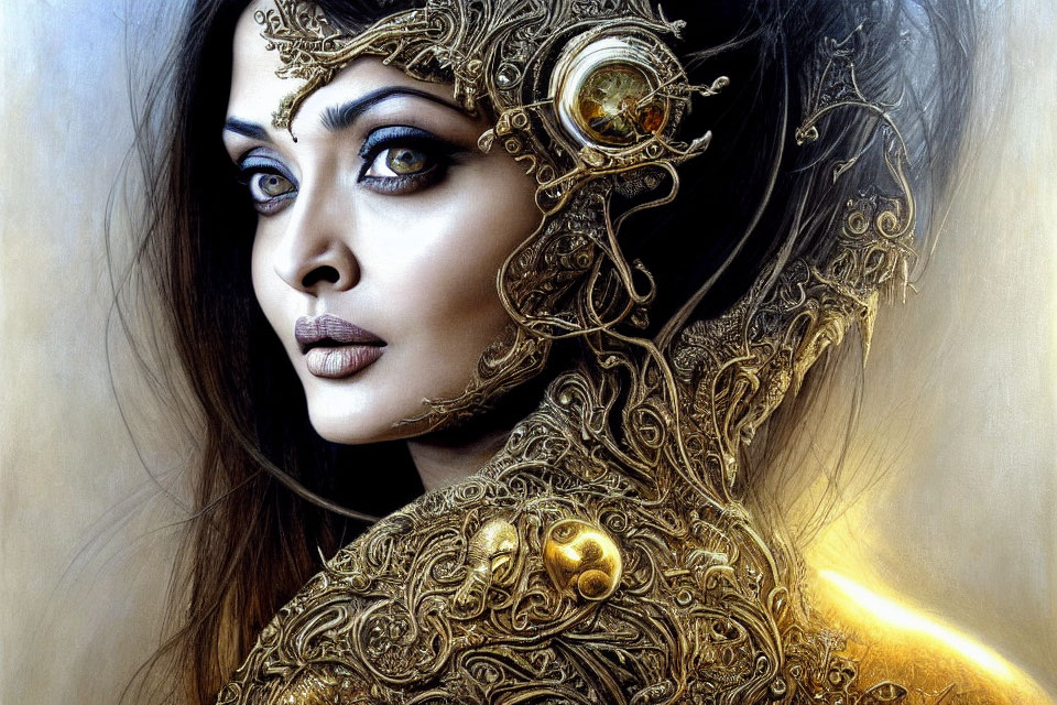 Intricate golden headgear and armor with gemstone on woman.